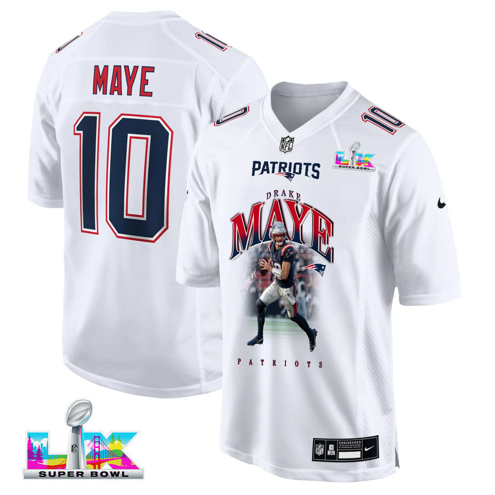 Drake Maye 10 New England Patriots Super Bowl LX Future Legend Men Jersey – White