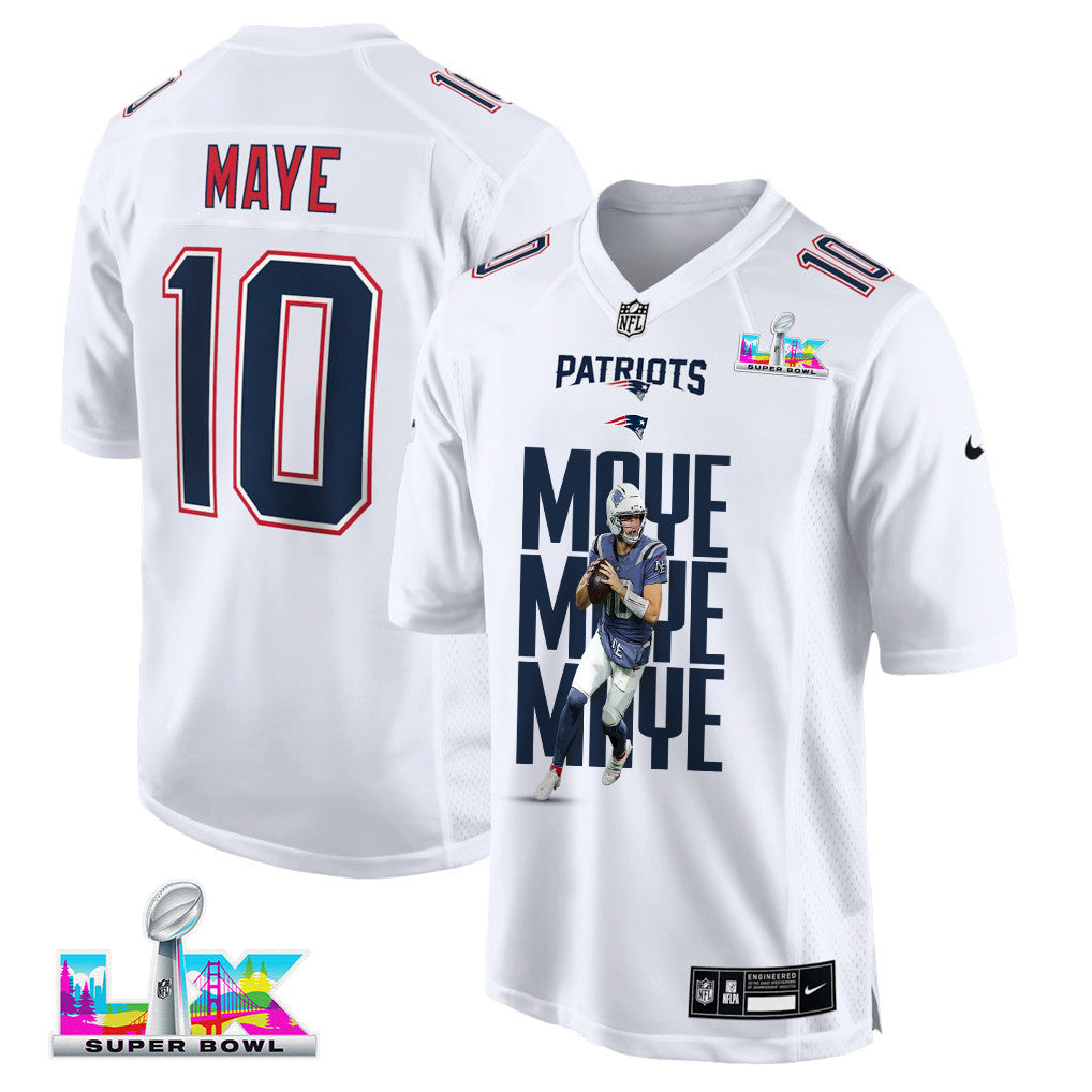 Drake Maye 10 New England Patriots Super Bowl LX Leadership Edition Men Jersey – White