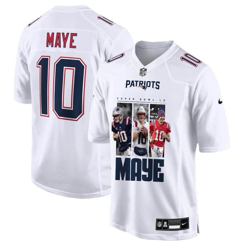 Drake Maye 10 New England Patriots Super Bowl LX Game Day Men Jersey – White