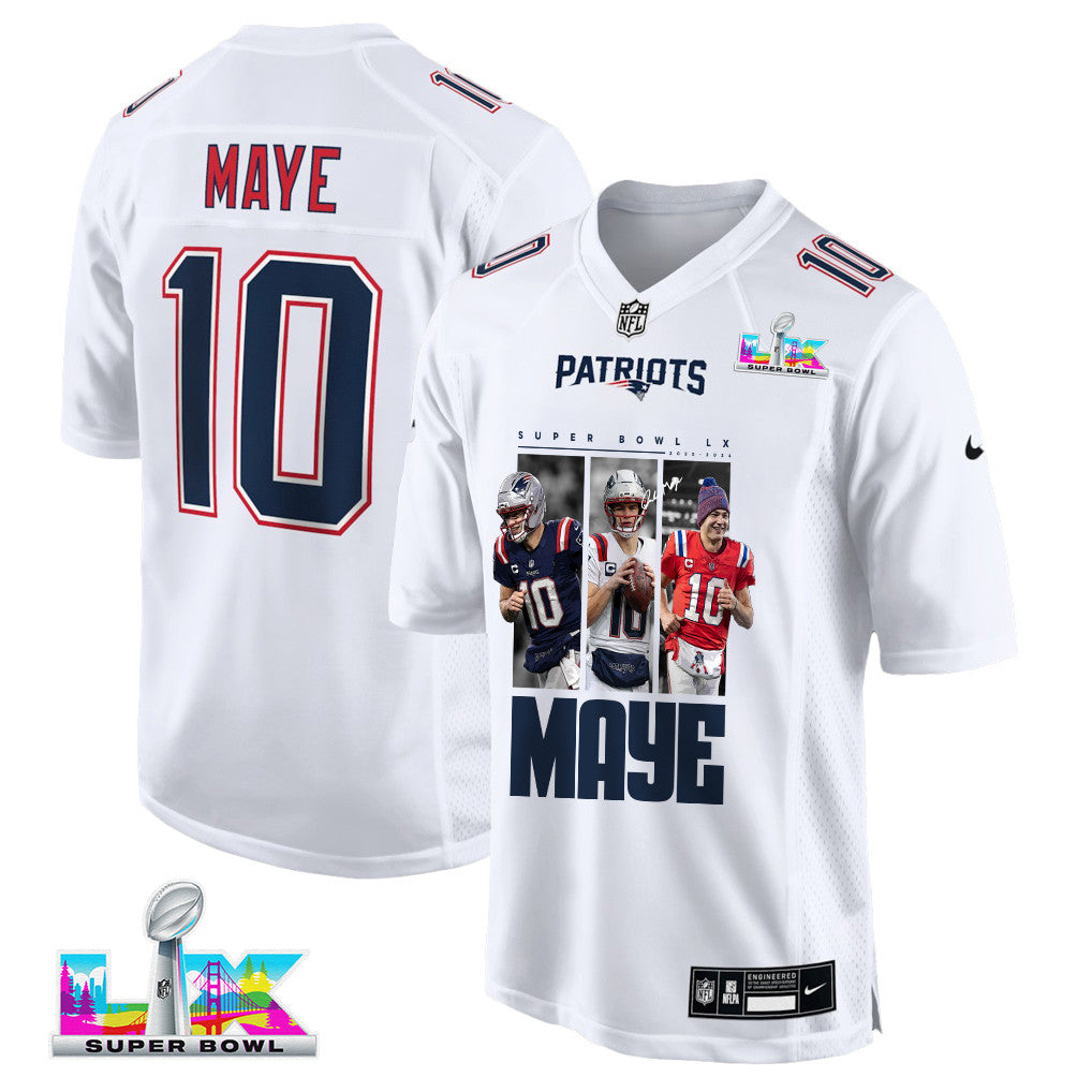 Drake Maye 10 New England Patriots Super Bowl LX Game Day Men Jersey – White