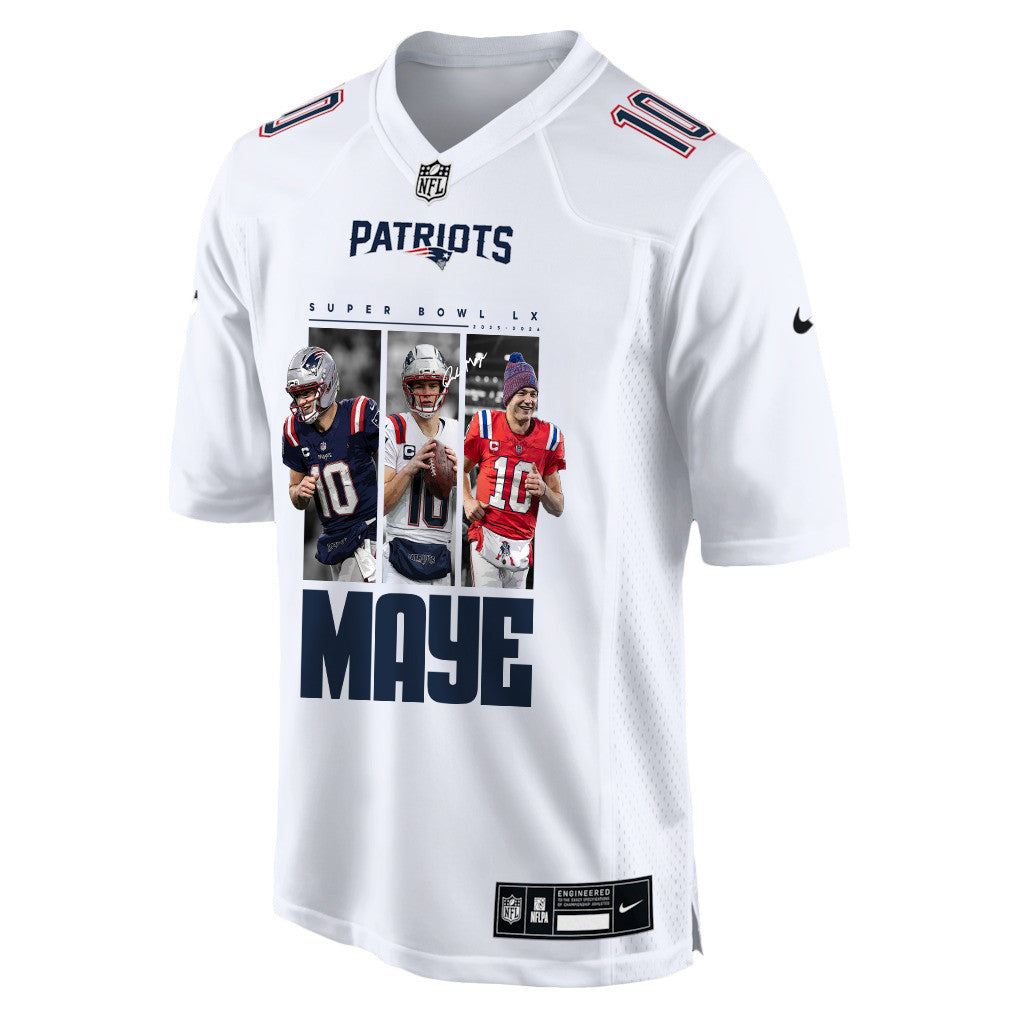 Drake Maye 10 New England Patriots Super Bowl LX Game Day Men Jersey – White