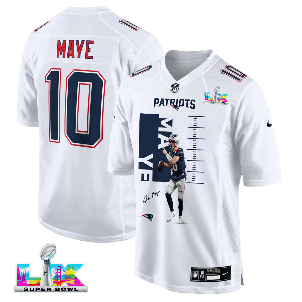 Drake Maye 10 New England Patriots Super Bowl LX Elite Performer Men Jersey – White