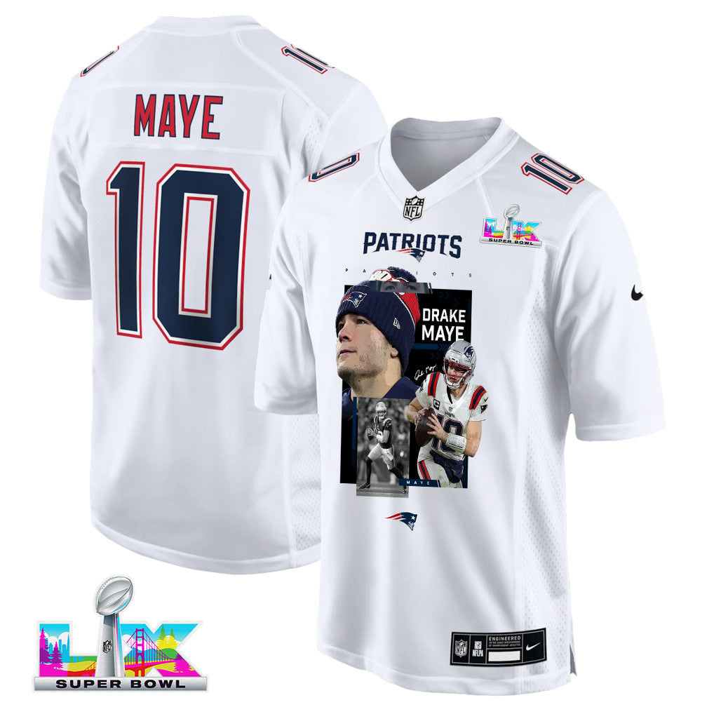 Drake Maye 10 New England Patriots Super Bowl LX Championship Run Men Jersey – White