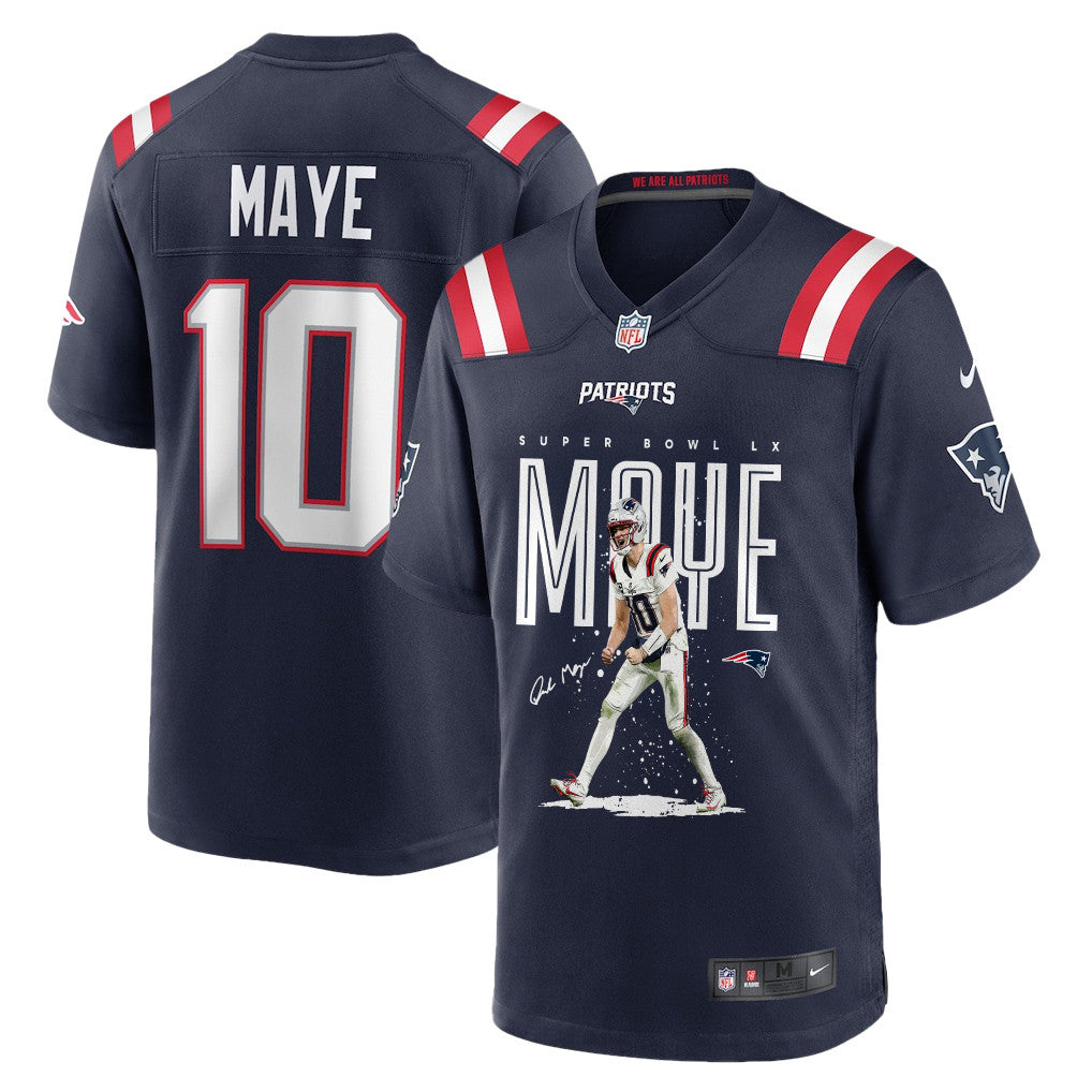 Drake Maye 10 New England Patriots Super Bowl LX Breakout Season Men Jersey – Navy