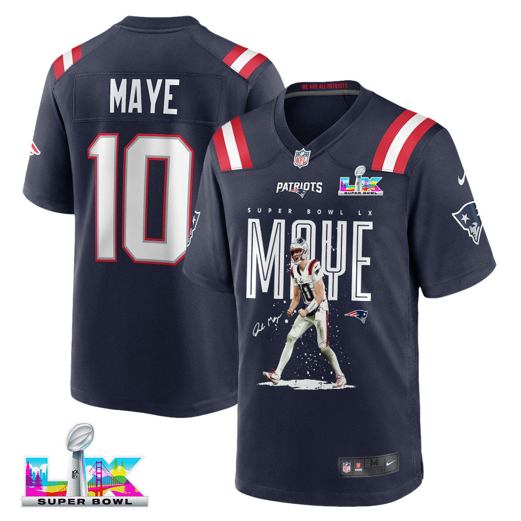 Drake Maye 10 New England Patriots Super Bowl LX Breakout Season Men Jersey – Navy