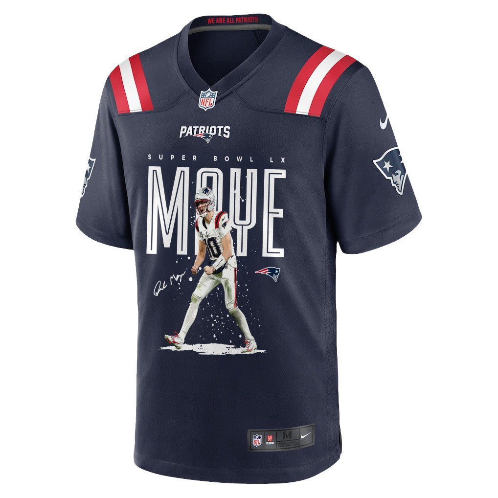 Drake Maye 10 New England Patriots Super Bowl LX Breakout Season Men Jersey – Navy