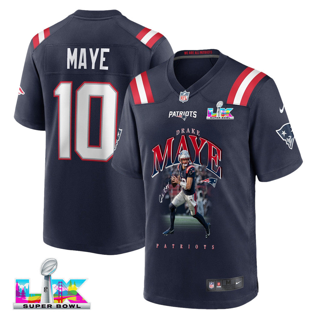 Drake Maye 10 New England Patriots Super Bowl LX Future Legend Men Jersey – Navy