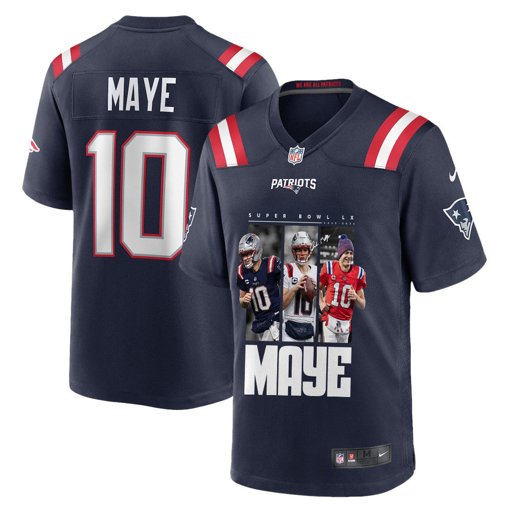 Drake Maye 10 New England Patriots Super Bowl LX Game Day Men Jersey – Navy
