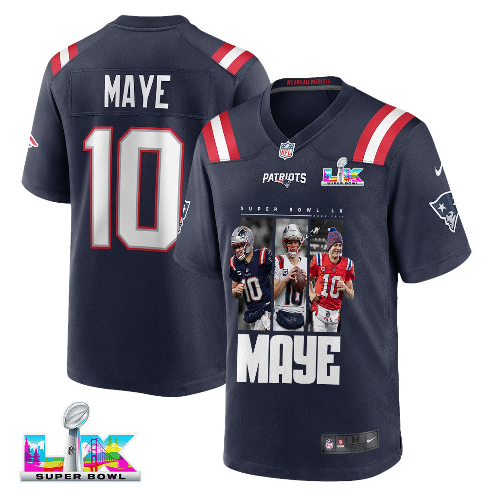 Drake Maye 10 New England Patriots Super Bowl LX Game Day Men Jersey – Navy