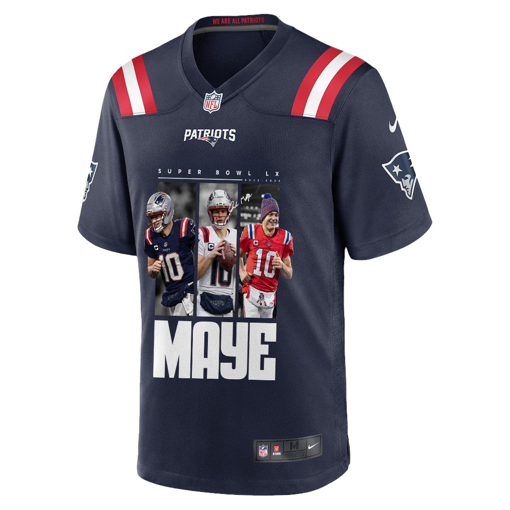 Drake Maye 10 New England Patriots Super Bowl LX Game Day Men Jersey – Navy