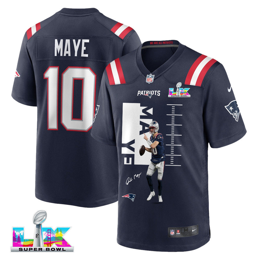 Drake Maye 10 New England Patriots Super Bowl LX Elite Performer Men Jersey – Navy