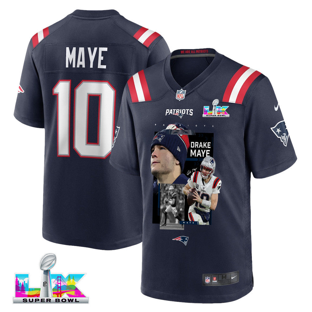Drake Maye 10 New England Patriots Super Bowl LX Championship Run Men Jersey – Navy