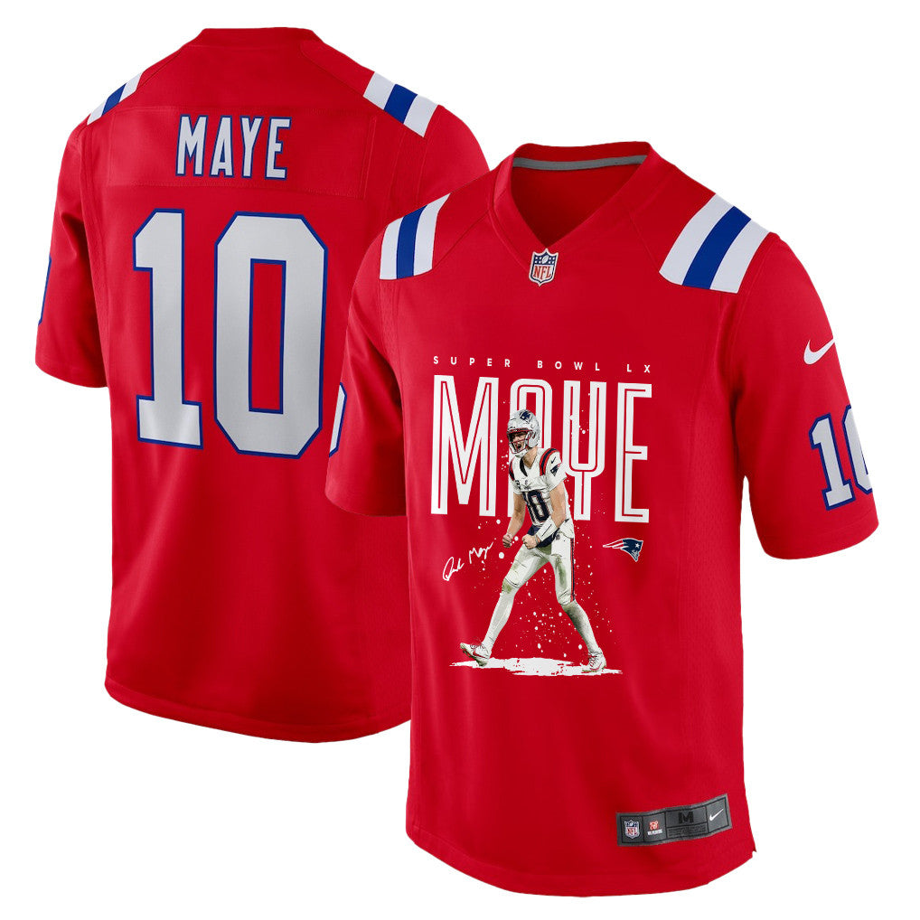 Drake Maye 10 New England Patriots Super Bowl LX Breakout Season Men Jersey – Red