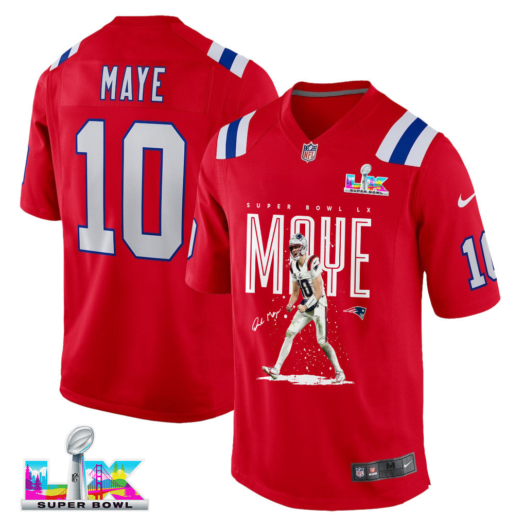 Drake Maye 10 New England Patriots Super Bowl LX Breakout Season Men Jersey – Red