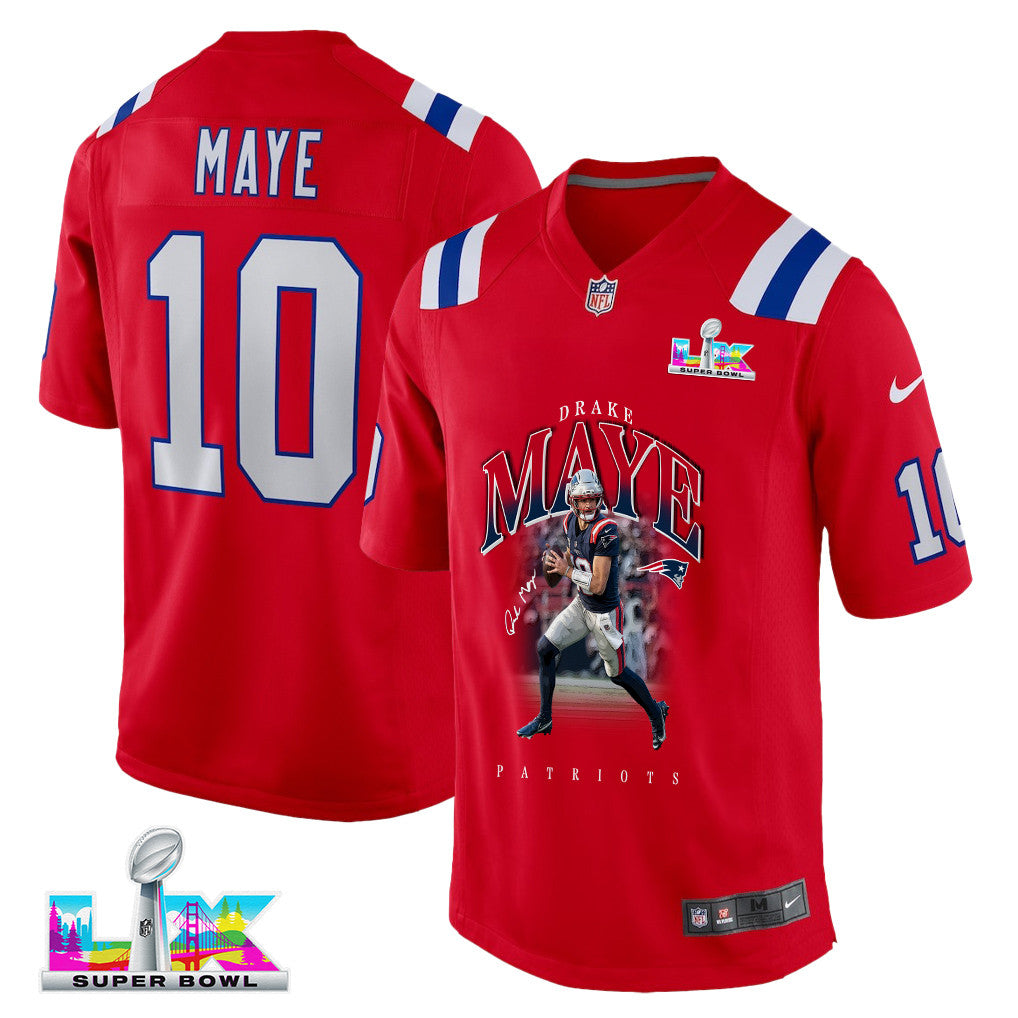 Drake Maye 10 New England Patriots Super Bowl LX Future Legend Men Jersey – Red