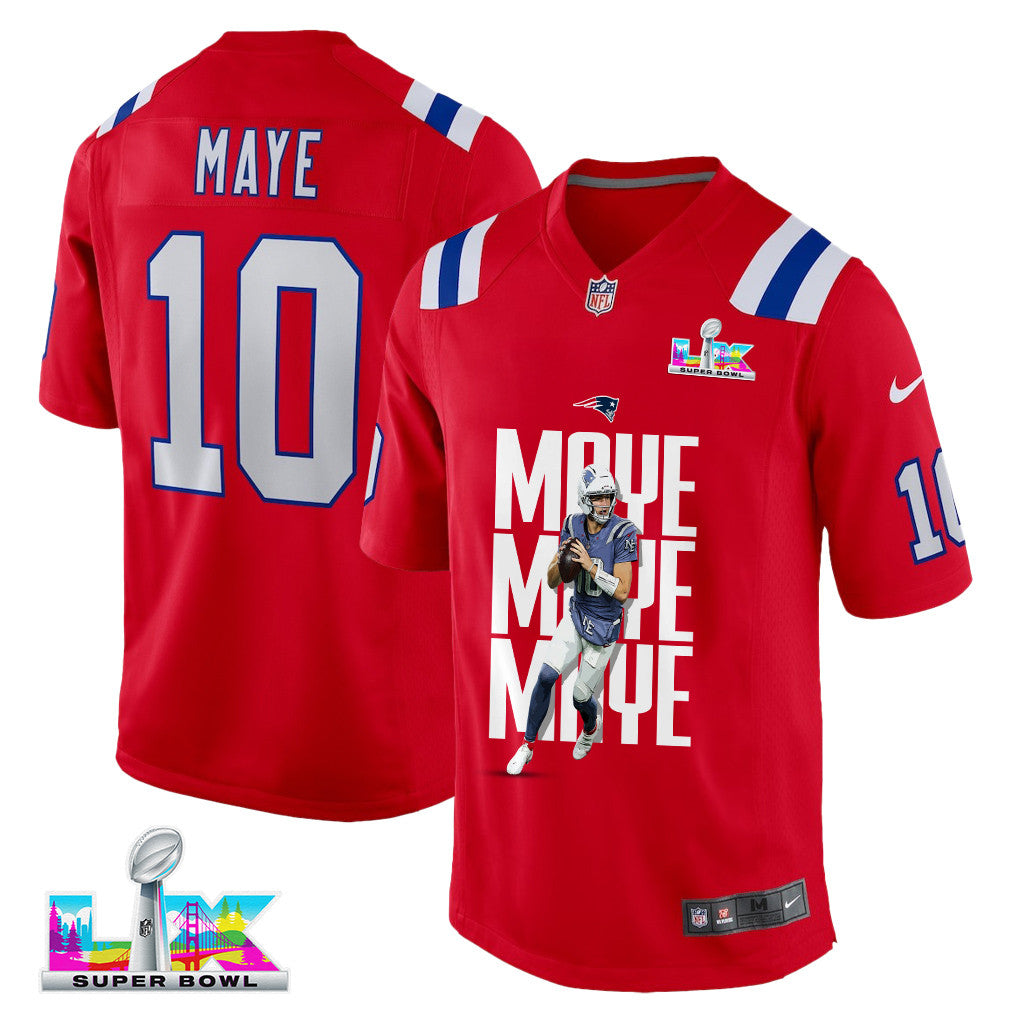 Drake Maye 10 New England Patriots Super Bowl LX Leadership Edition Men Jersey – Red