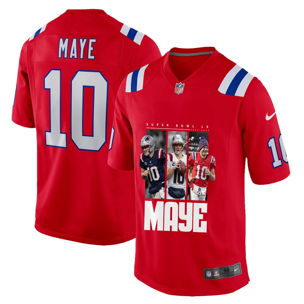 Drake Maye 10 New England Patriots Super Bowl LX Game Day Men Jersey – Red