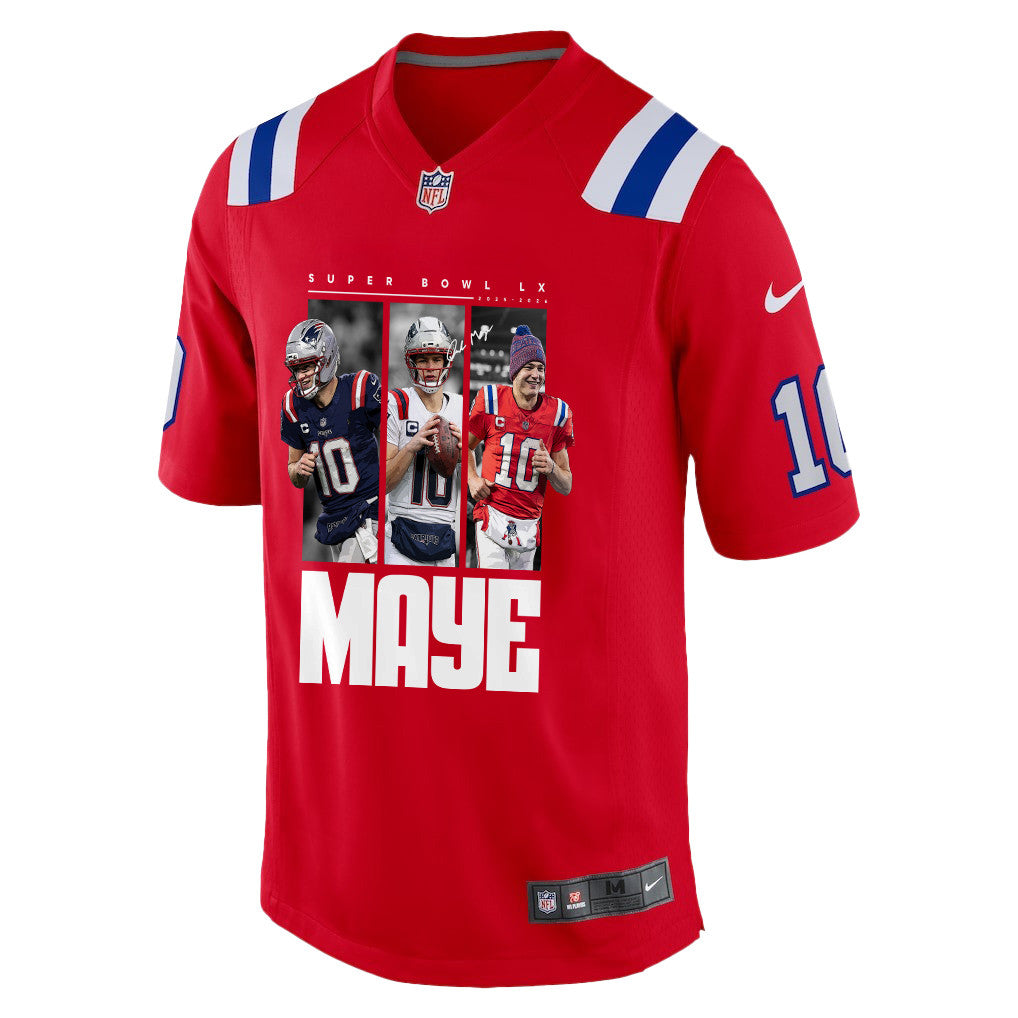 Drake Maye 10 New England Patriots Super Bowl LX Game Day Men Jersey – Red