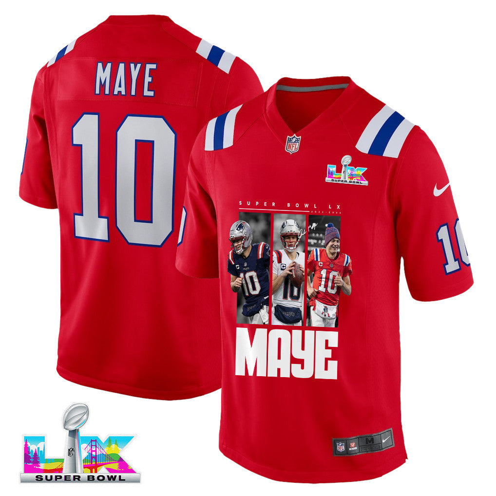 Drake Maye 10 New England Patriots Super Bowl LX Game Day Men Jersey – Red
