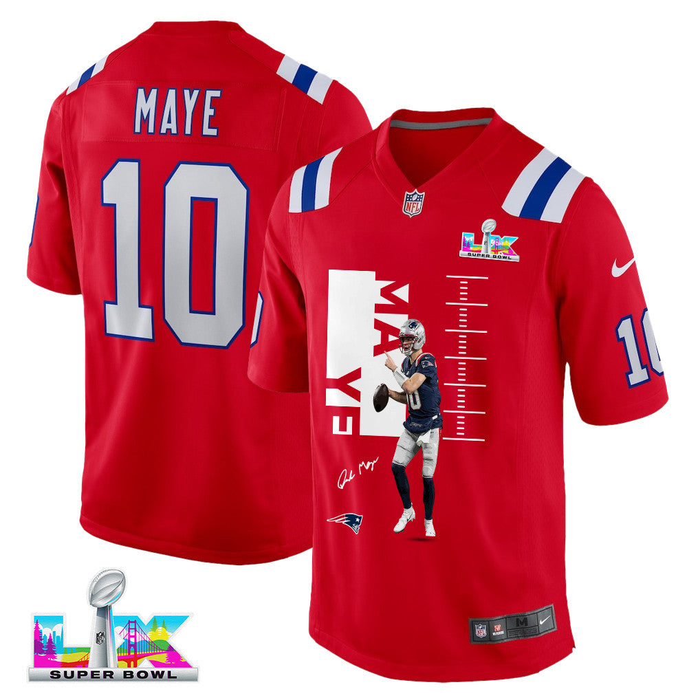 Drake Maye 10 New England Patriots Super Bowl LX Elite Performer Men Jersey – Red