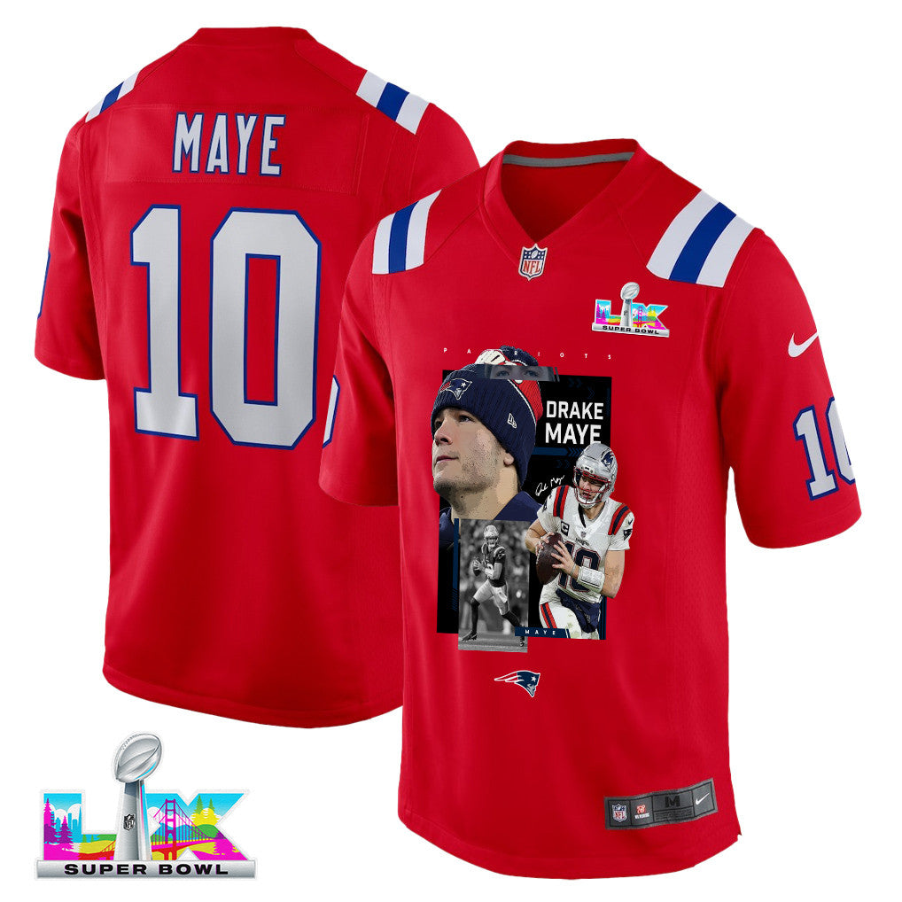 Drake Maye 10 New England Patriots Super Bowl LX Championship Run Men Jersey – Red