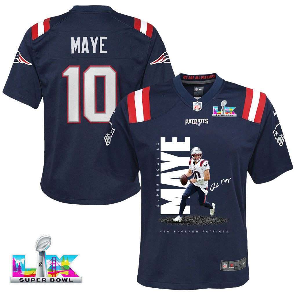 Drake Maye 10 New England Patriots Rising Star Of Super Bowl LX YOUTH Jersey - Navy