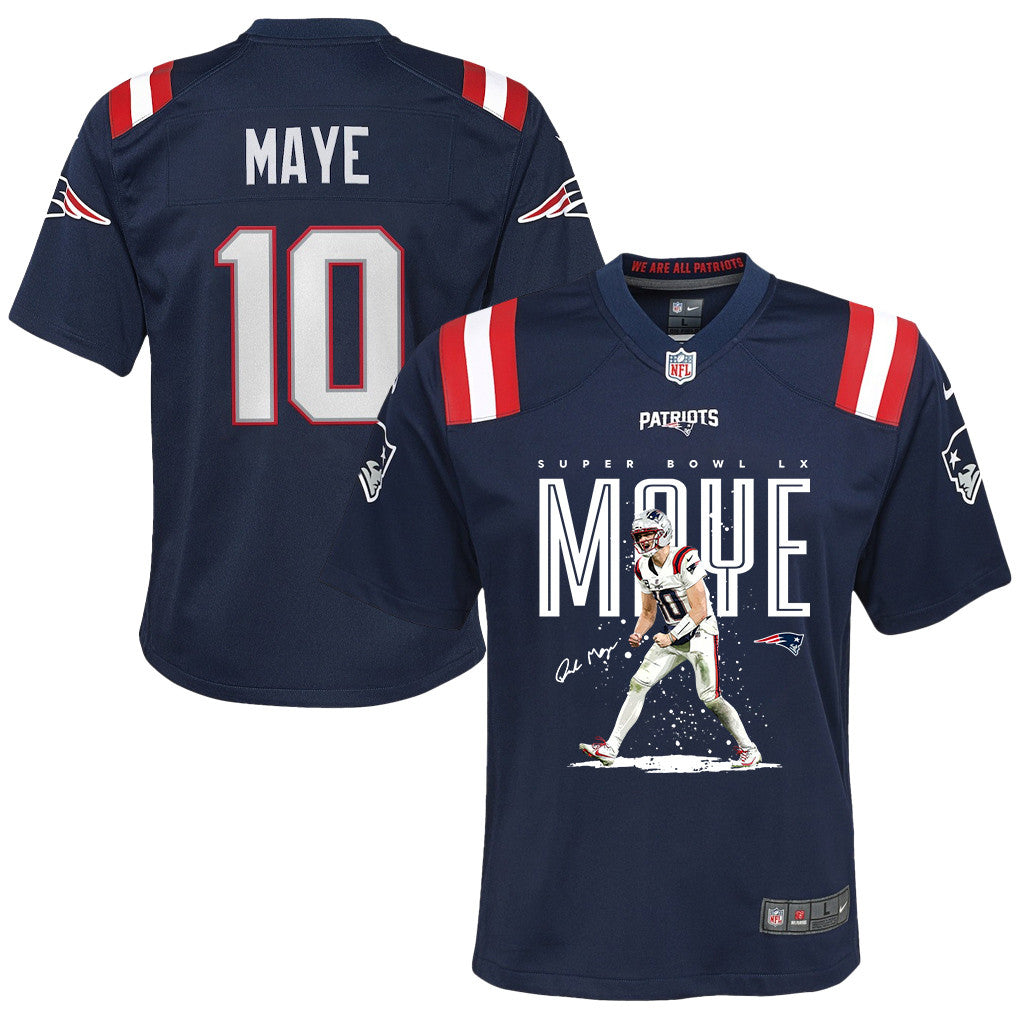 Drake Maye 10 New England Patriots Super Bowl LX Breakout Season YOUTH Jersey – Navy