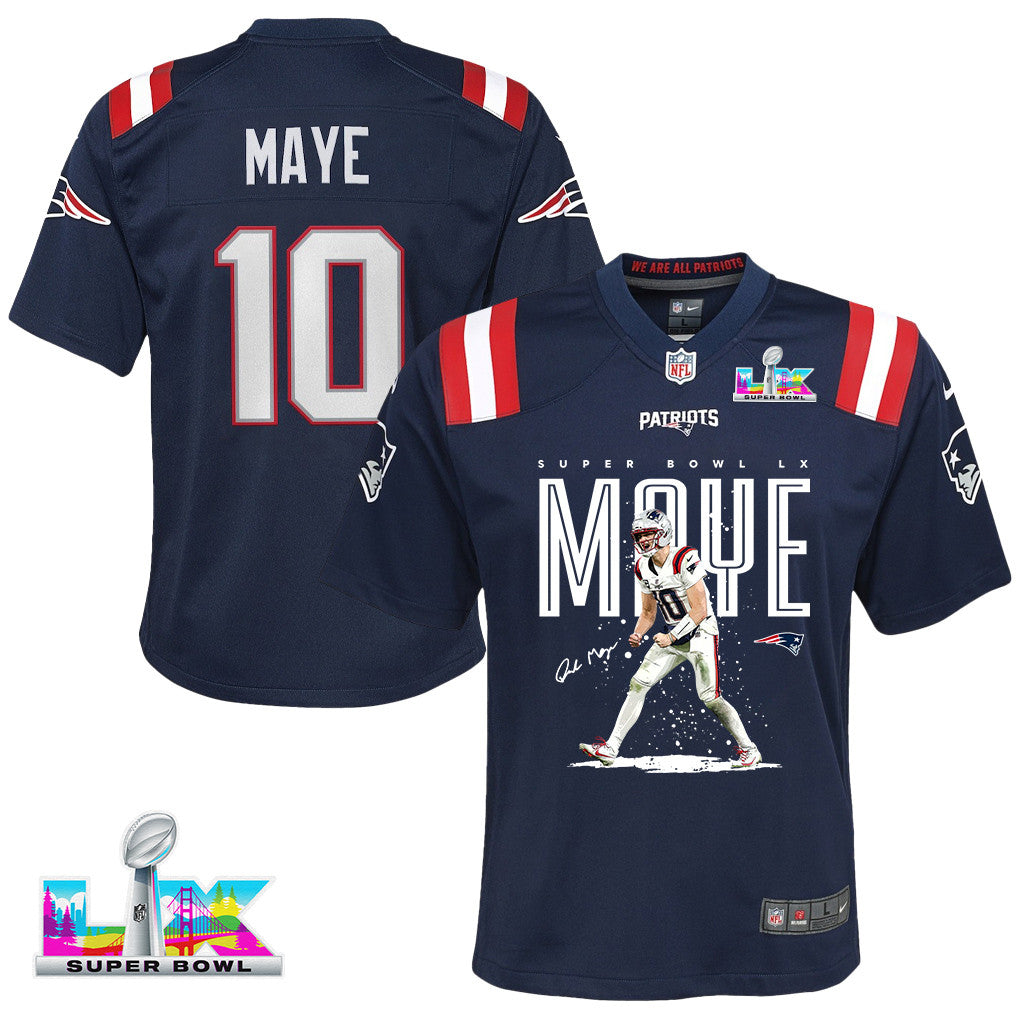 Drake Maye 10 New England Patriots Super Bowl LX Breakout Season YOUTH Jersey – Navy