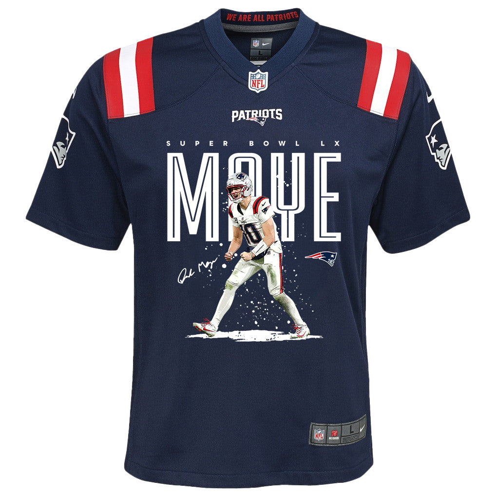 Drake Maye 10 New England Patriots Super Bowl LX Breakout Season YOUTH Jersey – Navy