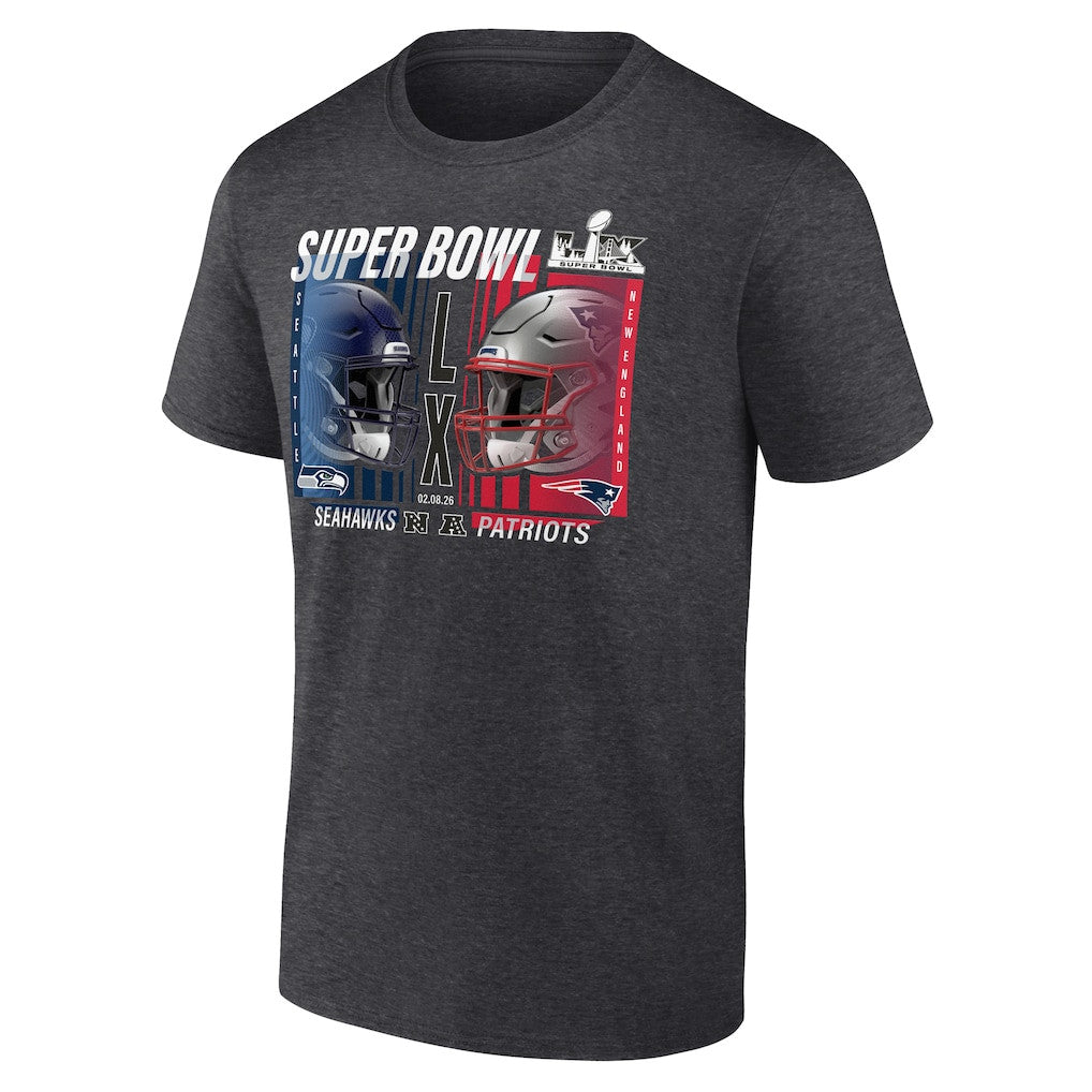 New England Patriots vs. Seattle Seahawks Super Bowl LX Final Battle Dueling T-Shirt - Heather Charcoal