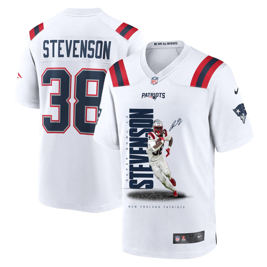 Rhamondre Stevenson 38 New England Patriots Super Bowl LX Powerhouse Performer Men Jersey – White