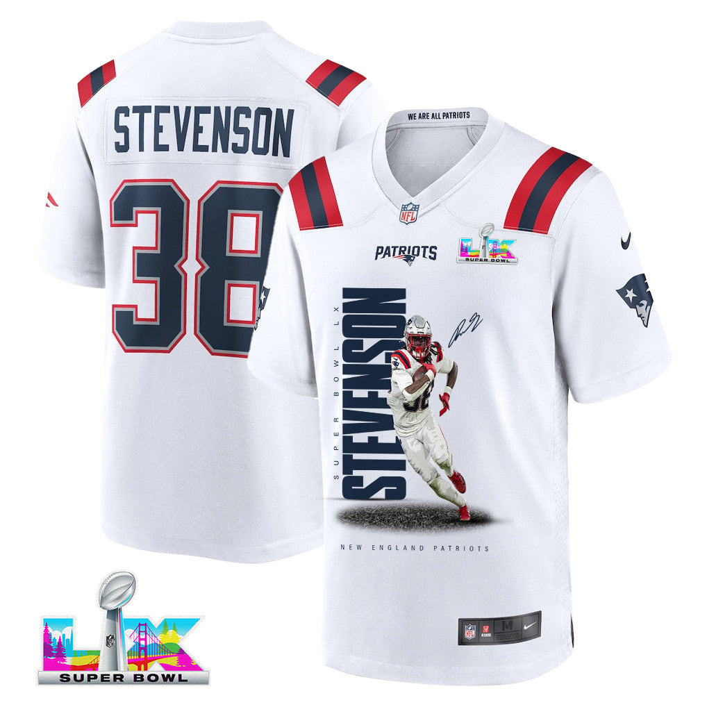 Rhamondre Stevenson 38 New England Patriots Super Bowl LX Powerhouse Performer Men Jersey – White