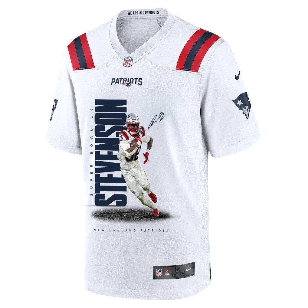 Rhamondre Stevenson 38 New England Patriots Super Bowl LX Powerhouse Performer Men Jersey – White