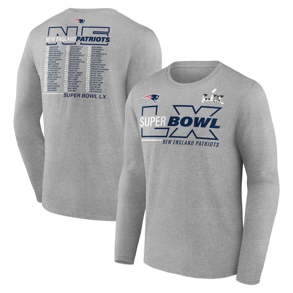New England Patriots Super Bowl LX Roster Long Sleeve T-Shirt - Heather Gray