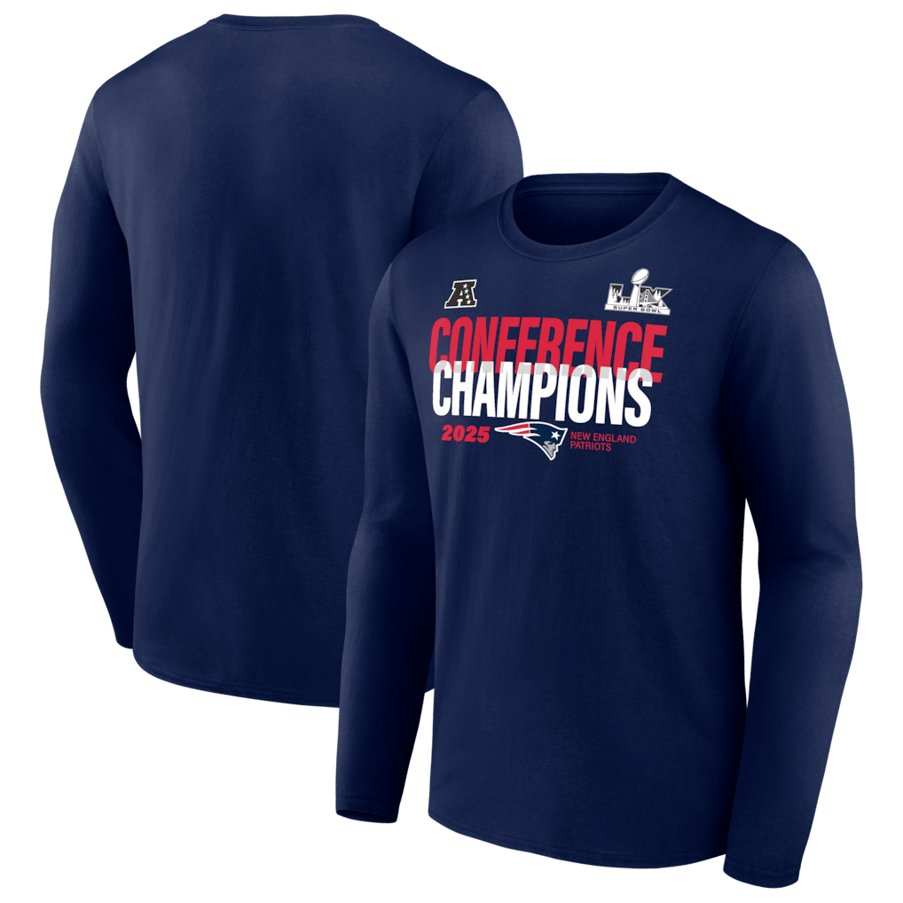 New England Patriots 2025 AFC Champions Right Side Draw Long Sleeve T-Shirt - Navy
