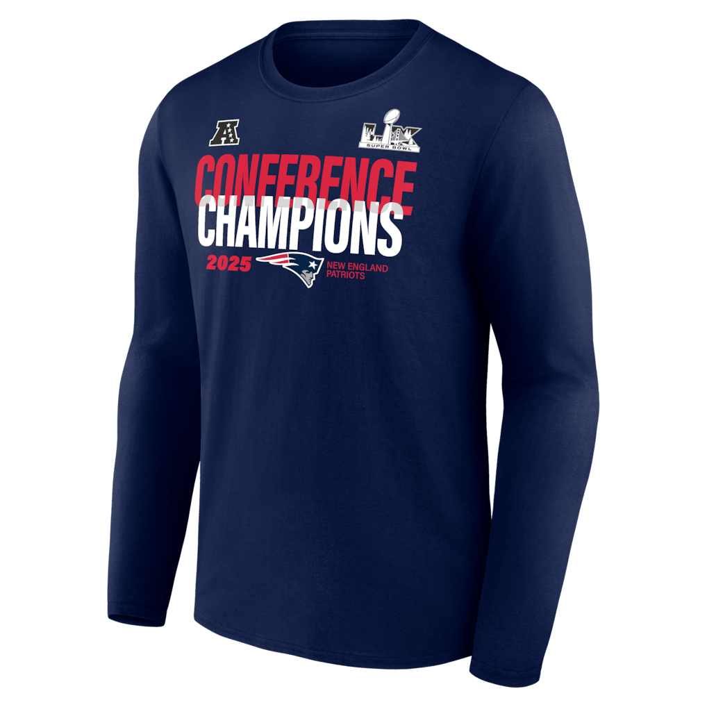 New England Patriots 2025 AFC Champions Right Side Draw Long Sleeve T-Shirt - Navy