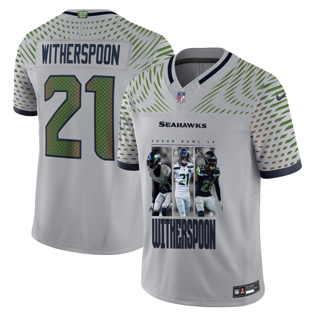 Devon Witherspoon 21 Seattle Seahawks Super Bowl LX Electric Run Threat Jersey – Grey