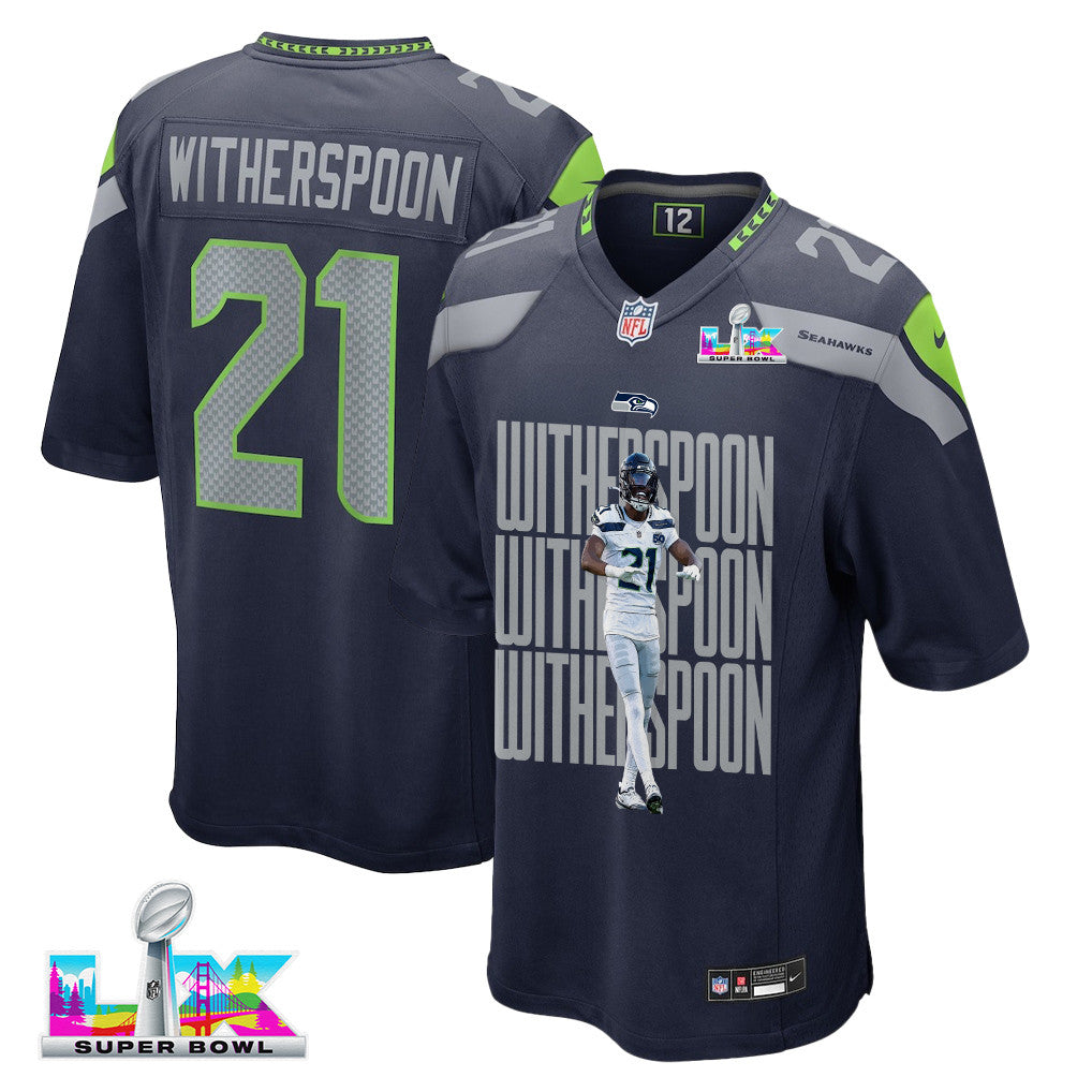 Devon Witherspoon 21 Seattle Seahawks Super Bowl LX Electric Run Threat Jersey – Navy