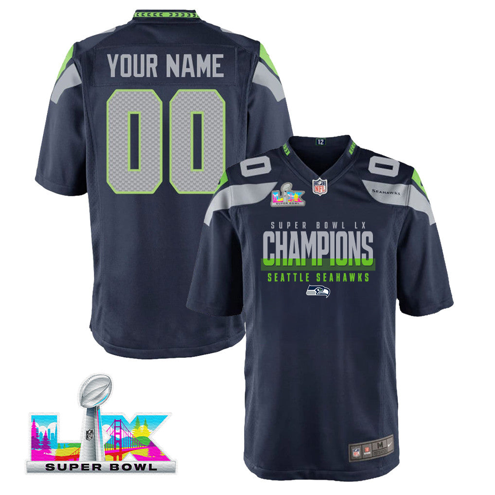 Seattle Seahawks Super Bowl LX Champions Navy Team Game YOUTH Jersey - Custom Name & Number