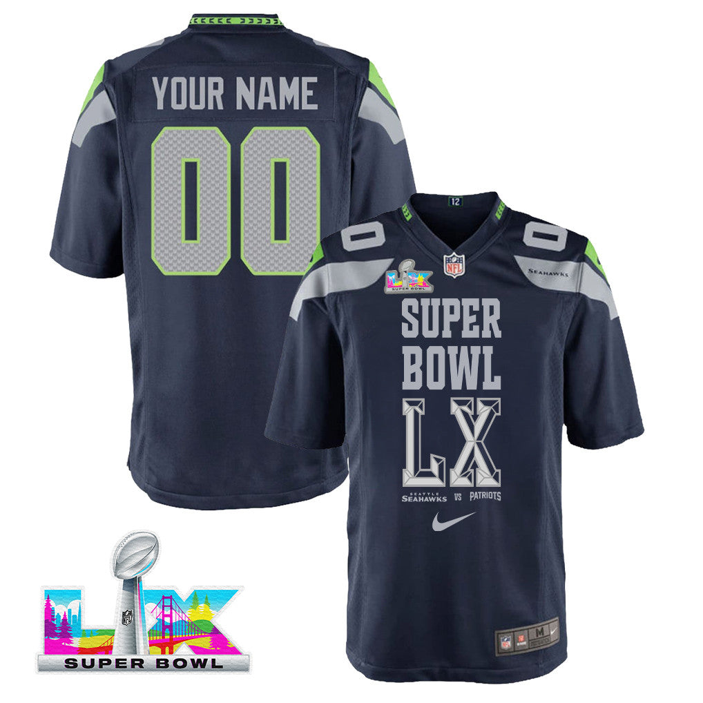 Seattle Seahawks Champions Super Bowl LX Personalized Team Game YOUTH Jersey - College Navy Edition