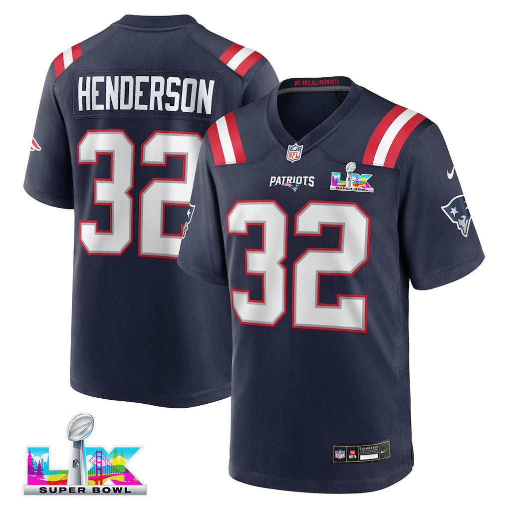 TreVeyon Henderson 32 New England Patriots 2026 Super Bowl LX - Women's Game Jersey - Navy