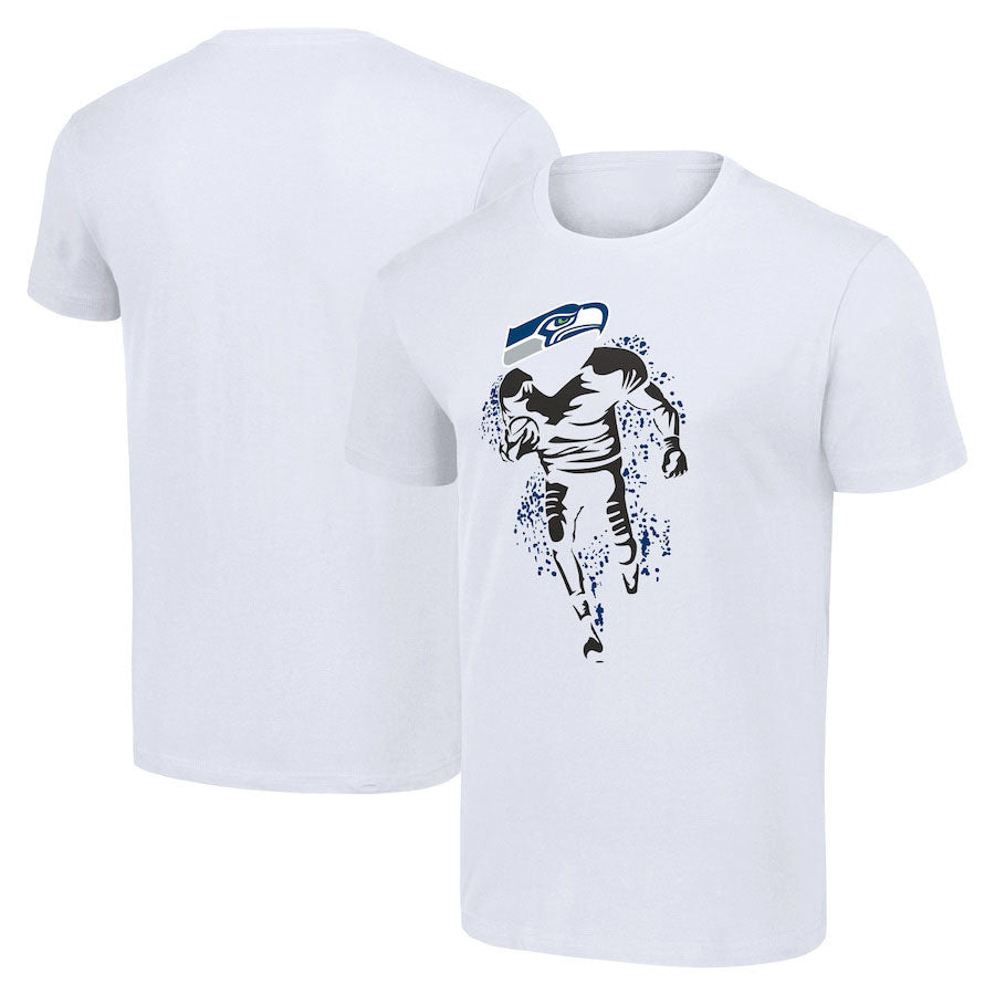 Seattle Seahawks White Player Graphic Running Across Field T-Shirt
