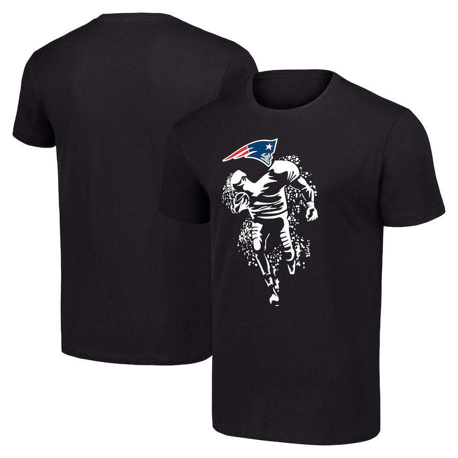 New England Patriots Black Player Graphic Running Across Field T-Shirt