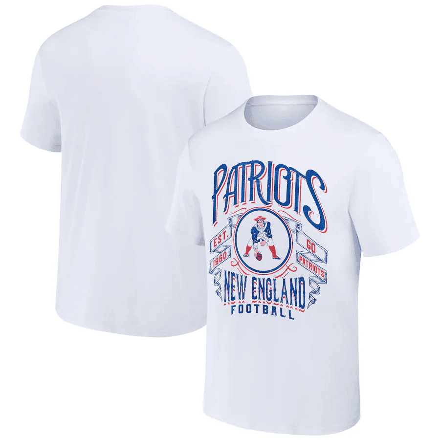 New England Patriots White Retro Mascot Banner Design Graphic T-Shirt