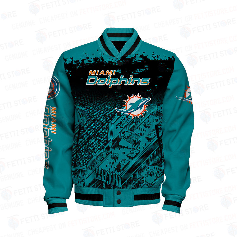 Miami Dolphins Skull Helmet Halloween Pattern Varsity Jacket - All-Over-Printed Jacket