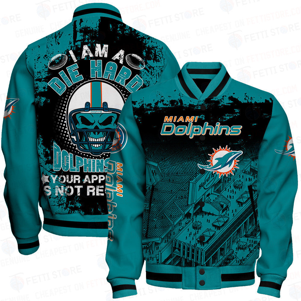 Miami Dolphins Skull Helmet Halloween Pattern Varsity Jacket - All-Over-Printed Jacket
