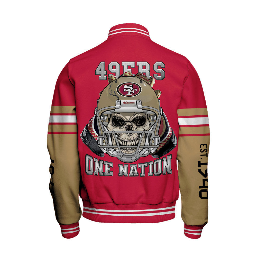 San Francisco 49ers Skull And Gloves Pattern Varsity Jacket - All-Over-Printed Jacket