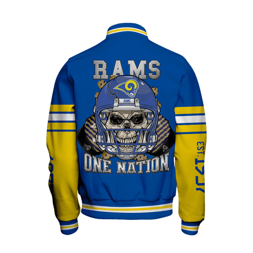 Los Angeles Rams Skull And Gloves Pattern Varsity Jacket - All-Over-Printed Jacket