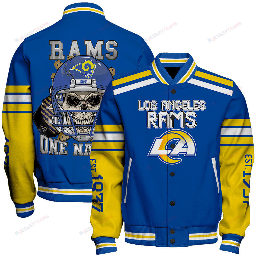 Los Angeles Rams Skull And Gloves Pattern Varsity Jacket - All-Over-Printed Jacket