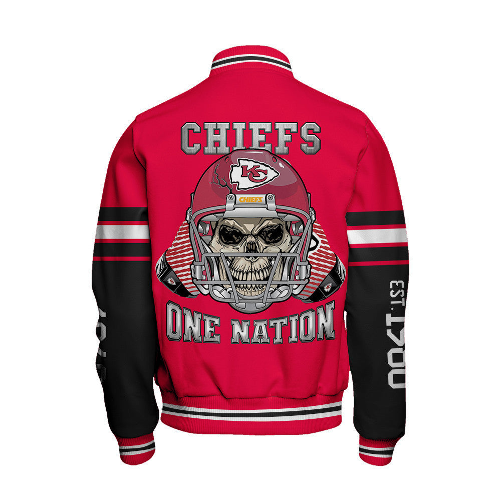 Kansas City Chiefs Skull And Gloves Pattern Varsity Jacket - All-Over-Printed Jacket